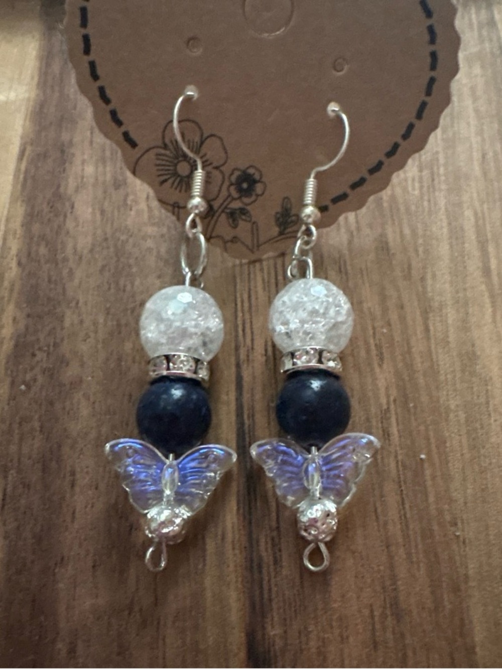 Handmade Iridescent Butterfly Drop Earrings w/ Lapis Lazuli and Glass Beads
